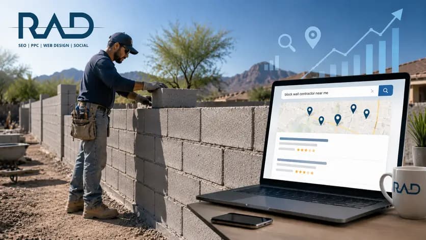 Block wall contractor building a masonry wall while RAD SEO digital marketing tools help contractors grow online visibility.