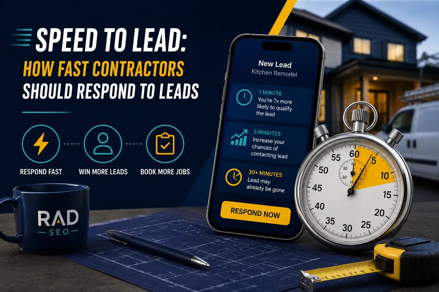 RAD SEO graphic for Speed to Lead showing a contractor lead notification, stopwatch, and the importance of responding quickly to win more leads and book more jobs.