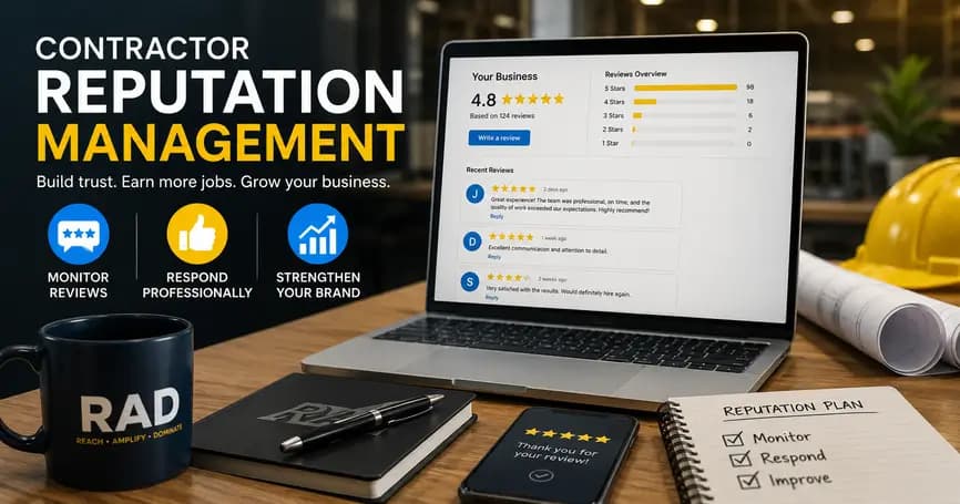 Contractor reputation management dashboard showing customer reviews, star ratings, review responses, and brand-building tools for contractors.