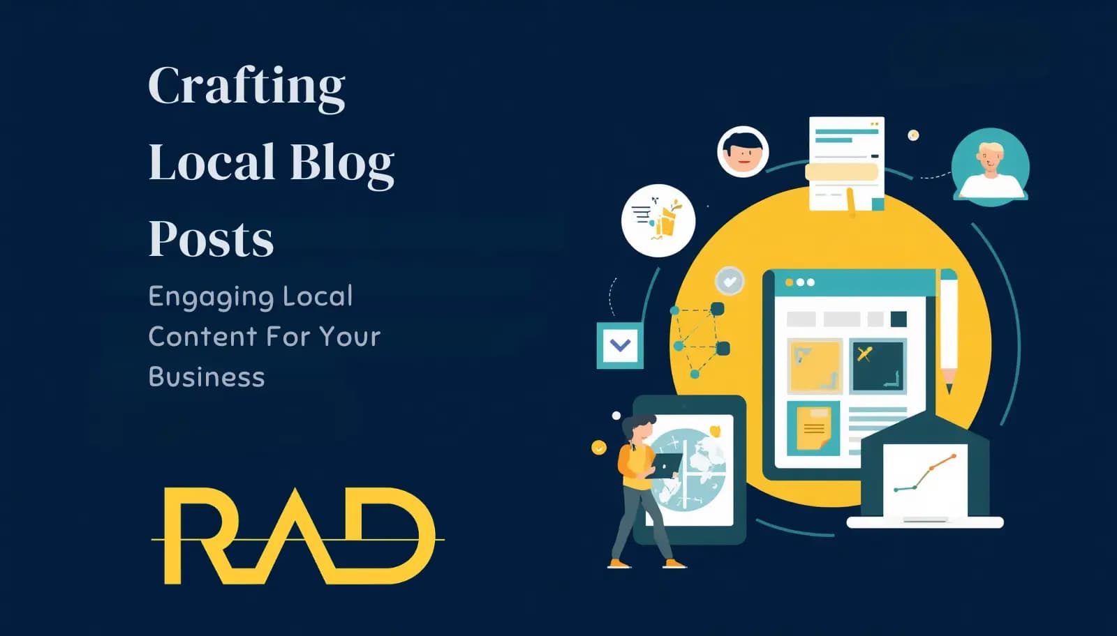 Illustration of a laptop and smartphone promoting local blog content creation, with icons for SEO, local keywords, and community events.
