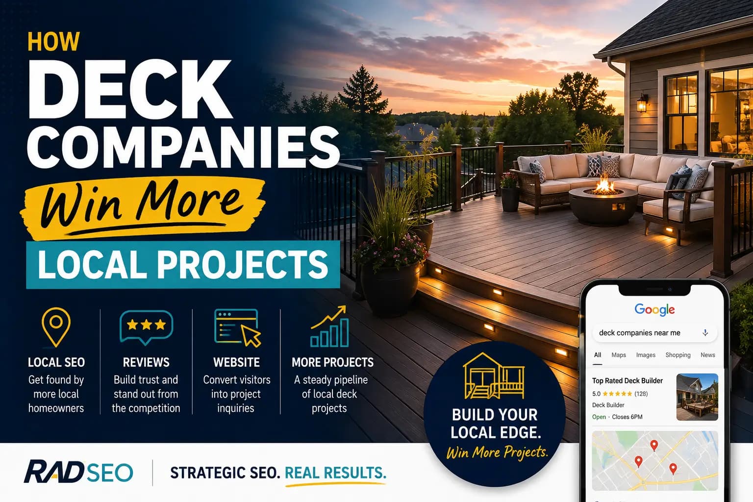 Modern residential deck with local SEO and Google search elements illustrating how deck companies can attract more local projects.