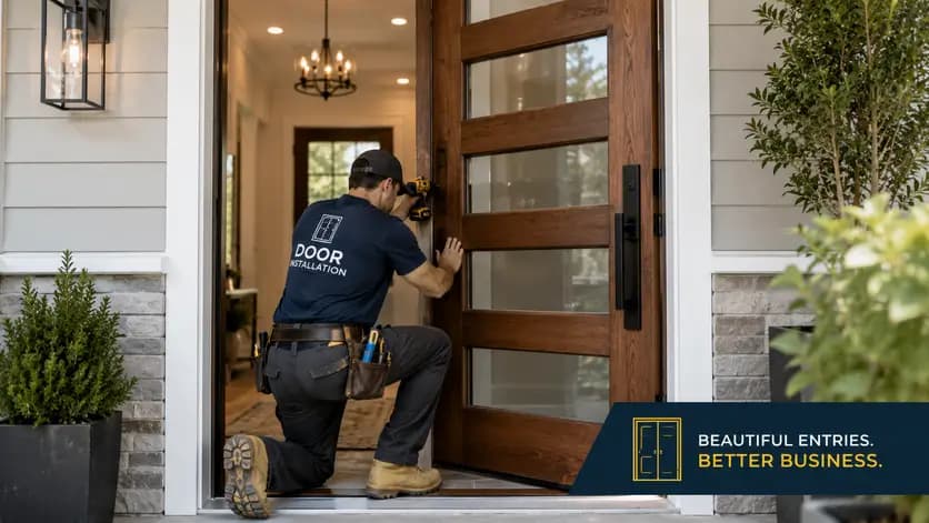 Professional contractor installing a modern front entry door on a residential home with minimal door installation SEO text overlay.