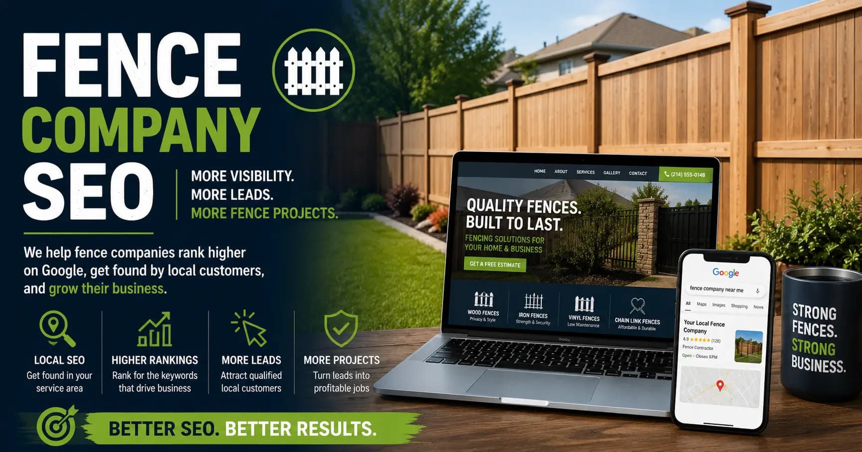 Fence Company SEO blog graphic featuring a residential wood fence, laptop, and local Google search results highlighting increased visibility, leads, and fence projects.