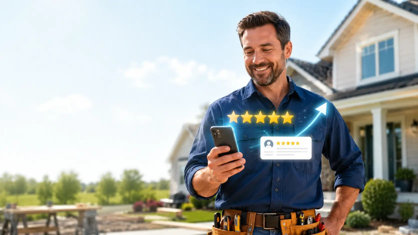 Contractor viewing five-star Google reviews on a smartphone outside a home