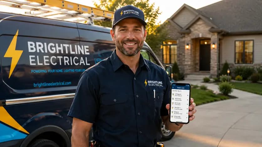 Electrician beside a branded service van shows a full job schedule, highlighting business growth through local marketing.