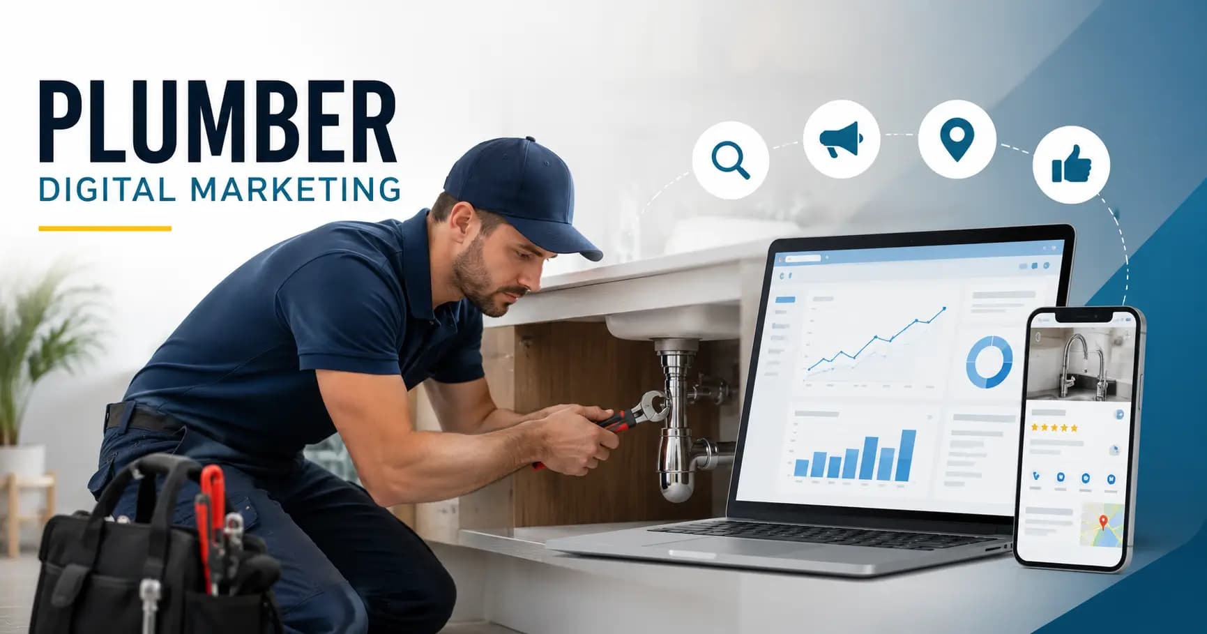 Plumber repairing pipes under a sink alongside digital marketing analytics and local search results.