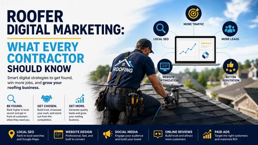 Professional roofer working on a residential roof with digital marketing and SEO concepts, including local search optimization, website design, online reviews, and lead generation for roofing contractors.