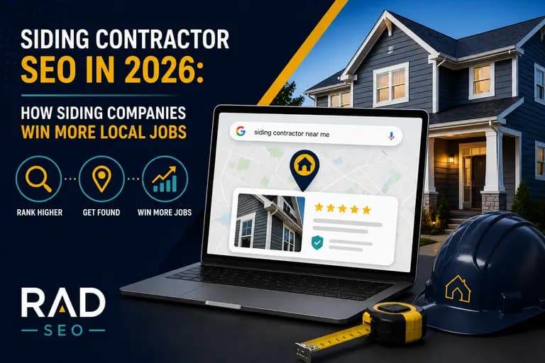 RAD SEO graphic for Siding Contractor SEO in 2026 featuring a modern siding home, local Google search results, and icons for ranking higher, getting found, and winning more local jobs.