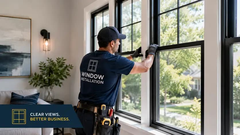 Window installer fitting a new energy-efficient window in a modern home with minimal text promoting window installer SEO.