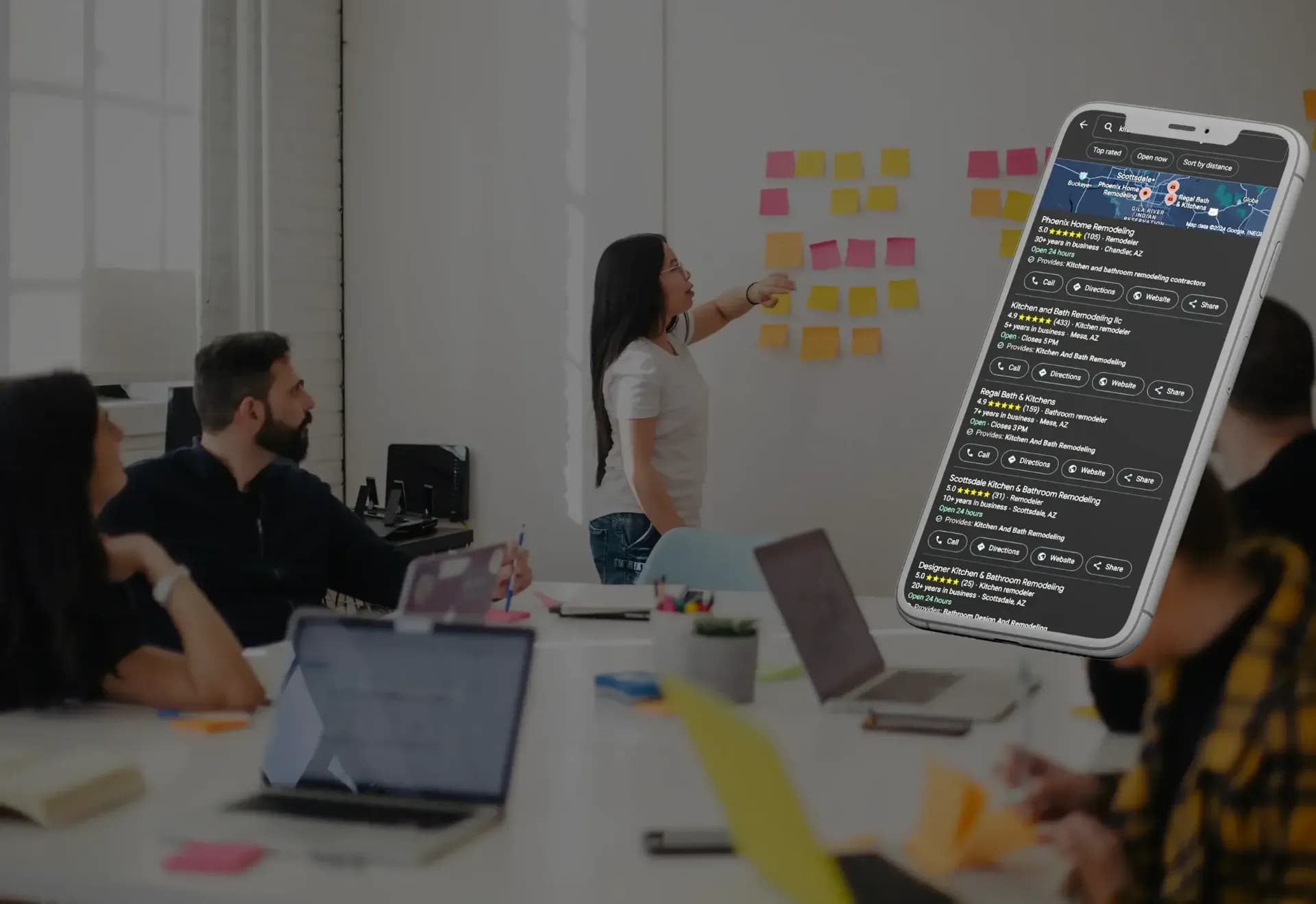 Marketing team strategizing around a conference table with sticky notes on a whiteboard