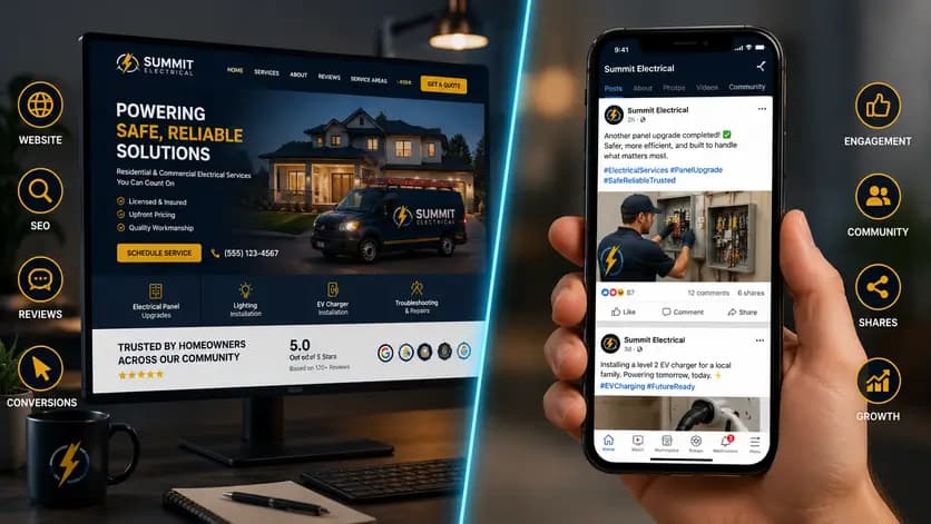 Contractor website and social media feed displayed side by side, showing SEO, engagement, and digital marketing synergy.