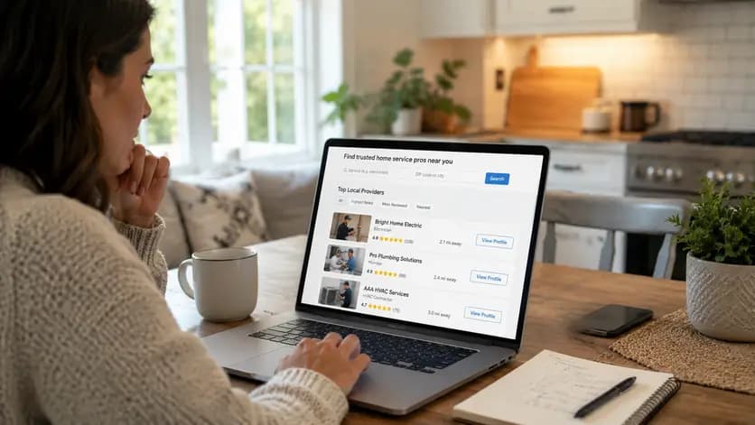 Homeowner compares local contractors online, reviewing ratings and services on a laptop before choosing a trusted provider.