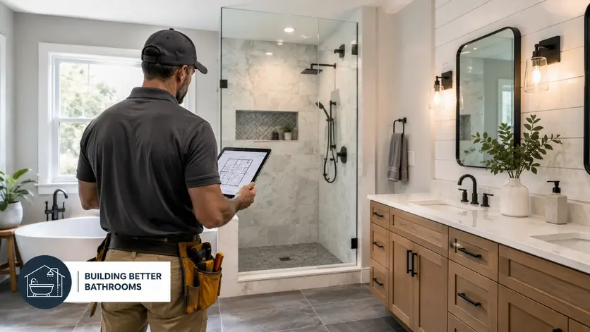 Bathroom remodeling contractor reviewing plans in a luxury modern bathroom with text overlay about bathroom remodeler SEO.