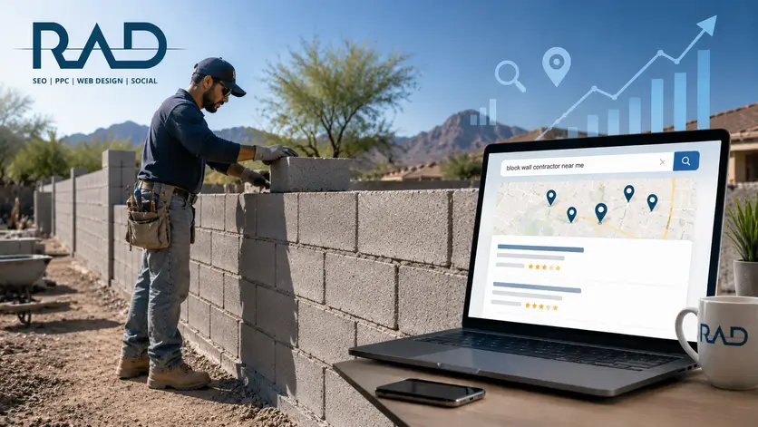 Block wall contractor building a masonry wall while RAD SEO digital marketing tools help contractors grow online visibility.