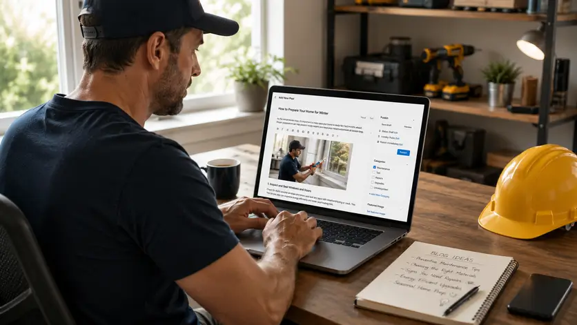 Contractor writing a blog post in a home office, blending trade expertise and content marketing to attract local customers.