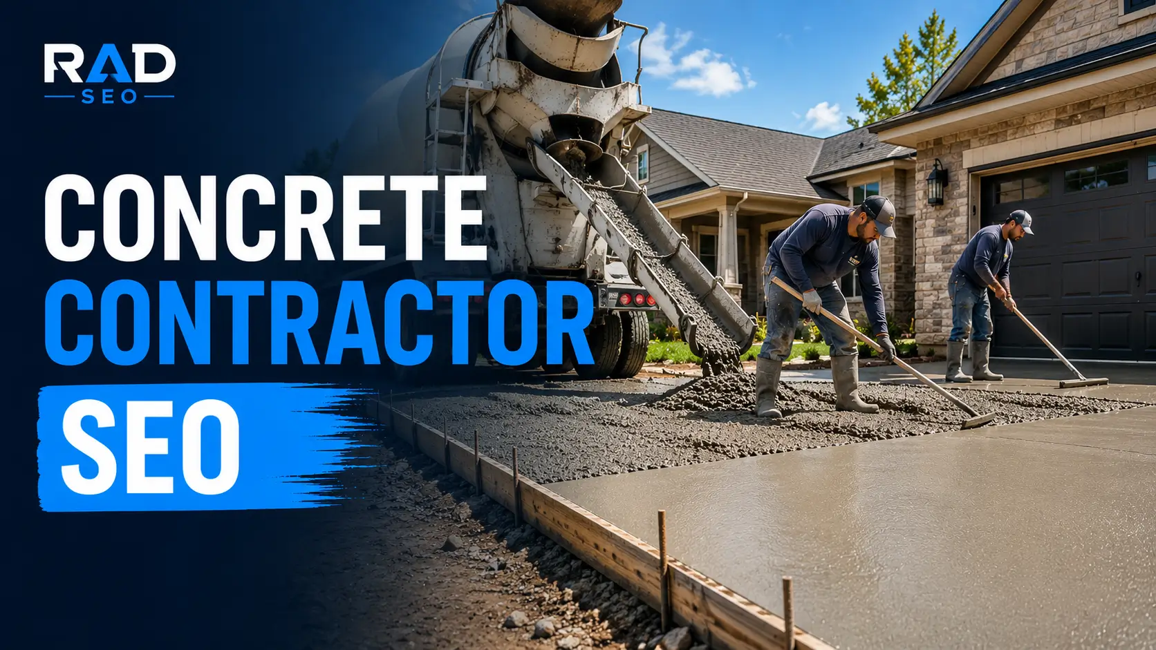 Concrete contractors pouring and finishing a residential driveway with bold RAD SEO branding and Concrete Contractor SEO text overlay.