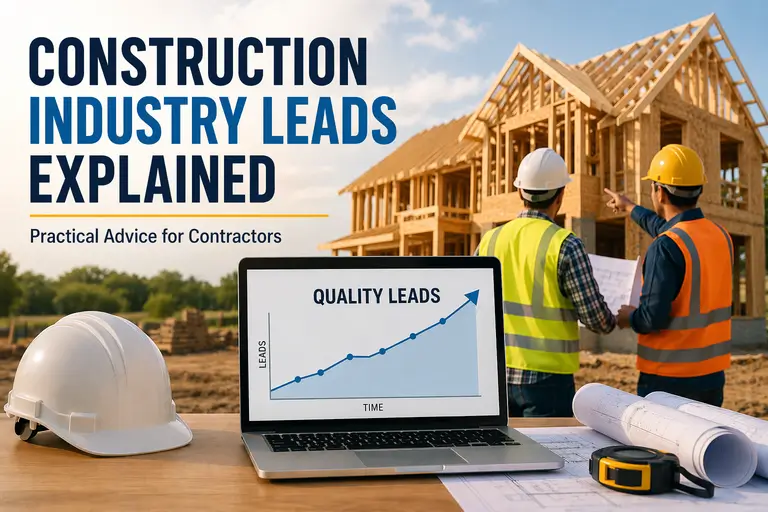 Contractors reviewing a home build site with a laptop showing rising quality leads and construction plans in foreground
