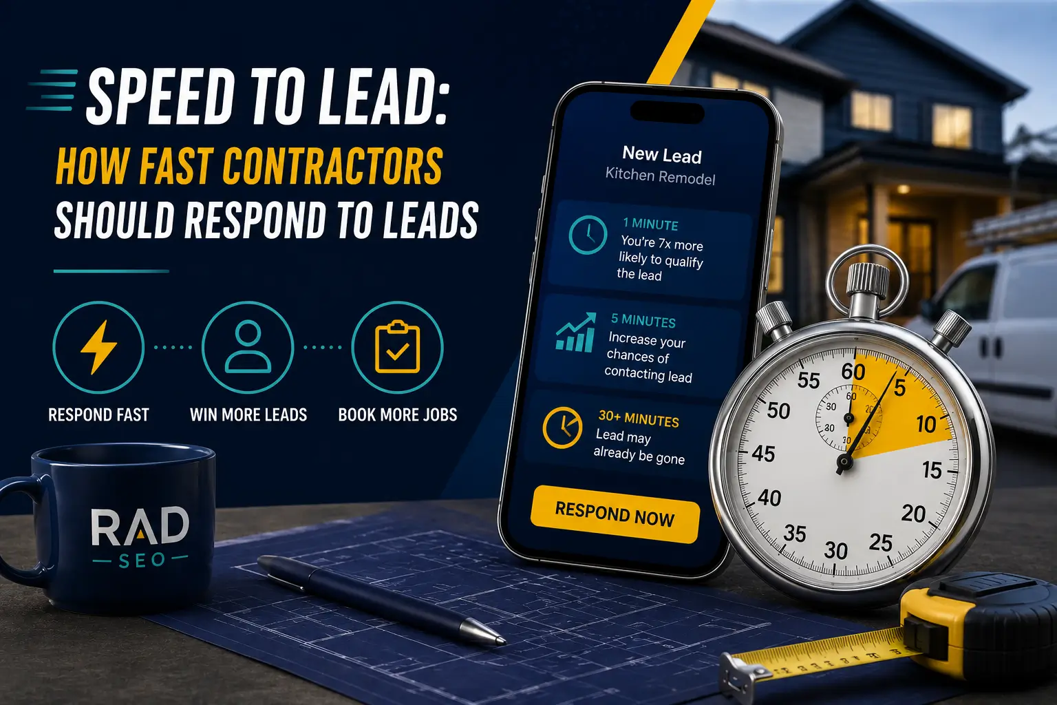 RAD SEO graphic for Speed to Lead showing a contractor lead notification, stopwatch, and the importance of responding quickly to win more leads and book more jobs.