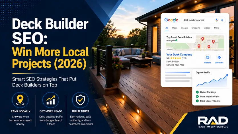 Modern residential deck with local SEO and Google search elements illustrating how deck companies can attract more local projects.