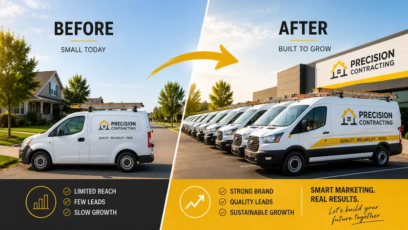 Contractor marketing success story: from one service van to a fleet of branded vehicles through SEO, lead generation, and growth.
