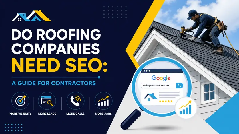 Roofing contractor on roof with SEO graphics and headline about roofing company SEO guide for contractors