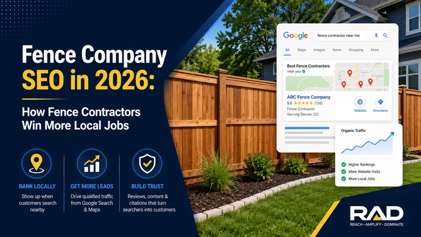 Fence Company SEO blog graphic featuring a residential wood fence, laptop, and local Google search results highlighting increased visibility, leads, and fence projects.