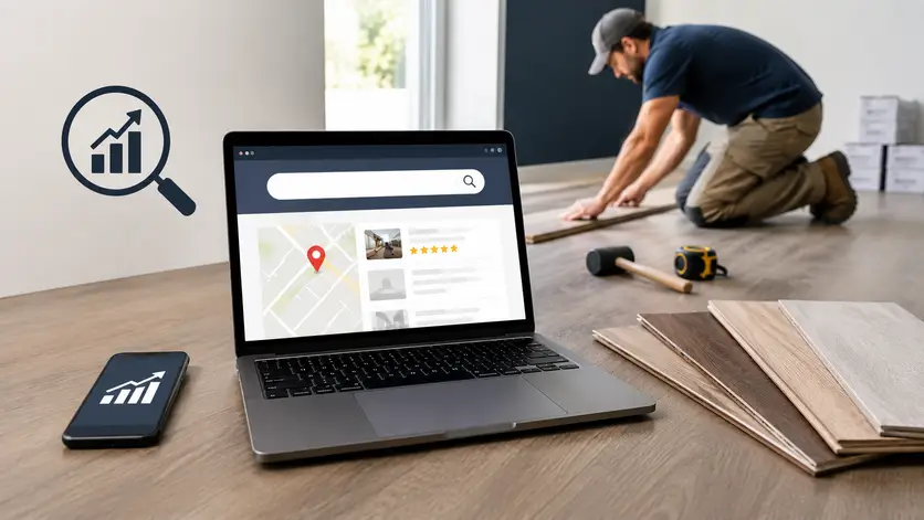 Flooring contractor installing hardwood flooring while SEO analytics and local search tools drive online visibility and leads.
