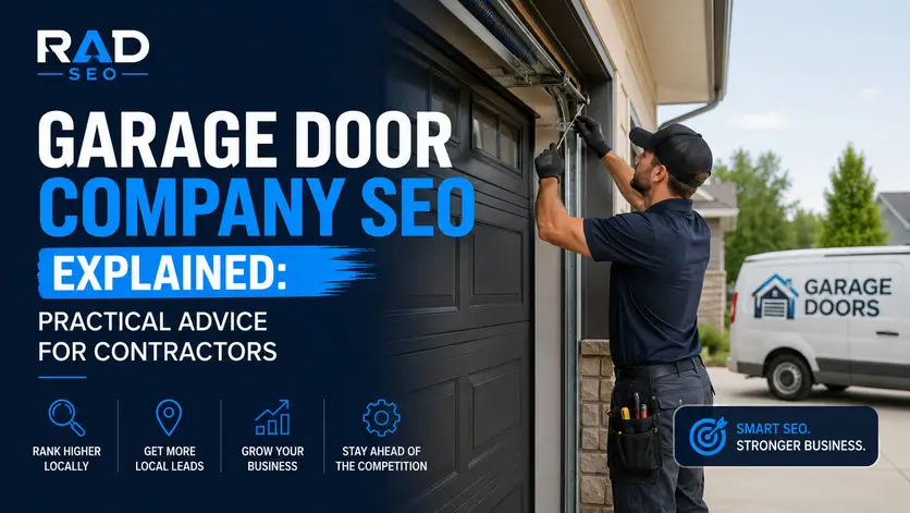 Garage door technician servicing a residential garage door beside bold RAD SEO branding and contractor SEO headline.-