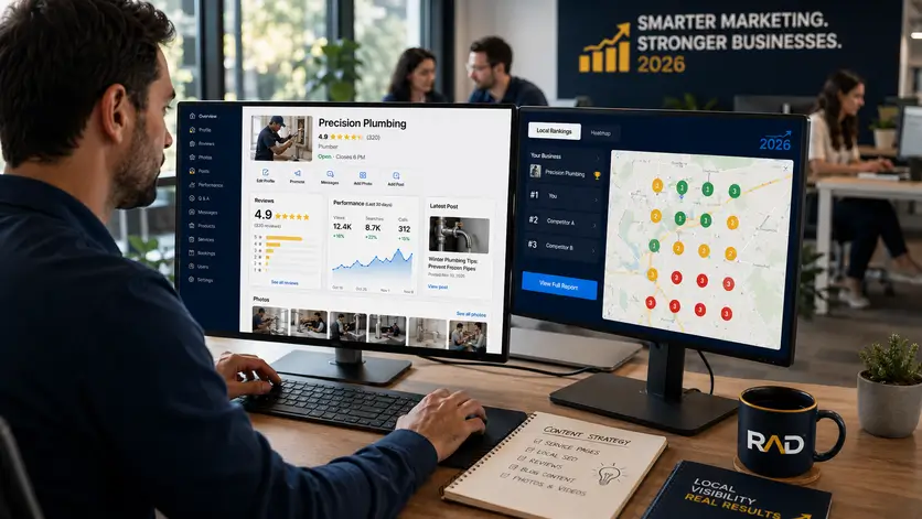 Digital marketing specialist managing a Google Business Profile, tracking local rankings, reviews, and SEO performance.