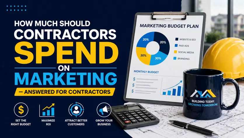 Contractor marketing budget concept with clipboard chart, calculator, and headline about how much contractors should spend on marketing