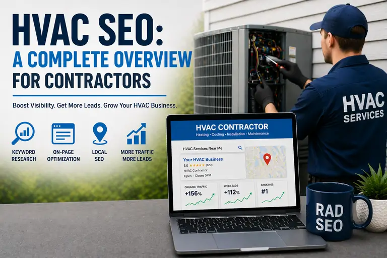 HVAC technician servicing an outdoor unit beside a laptop showing SEO growth metrics and mug with RAD SEO sitting next to it