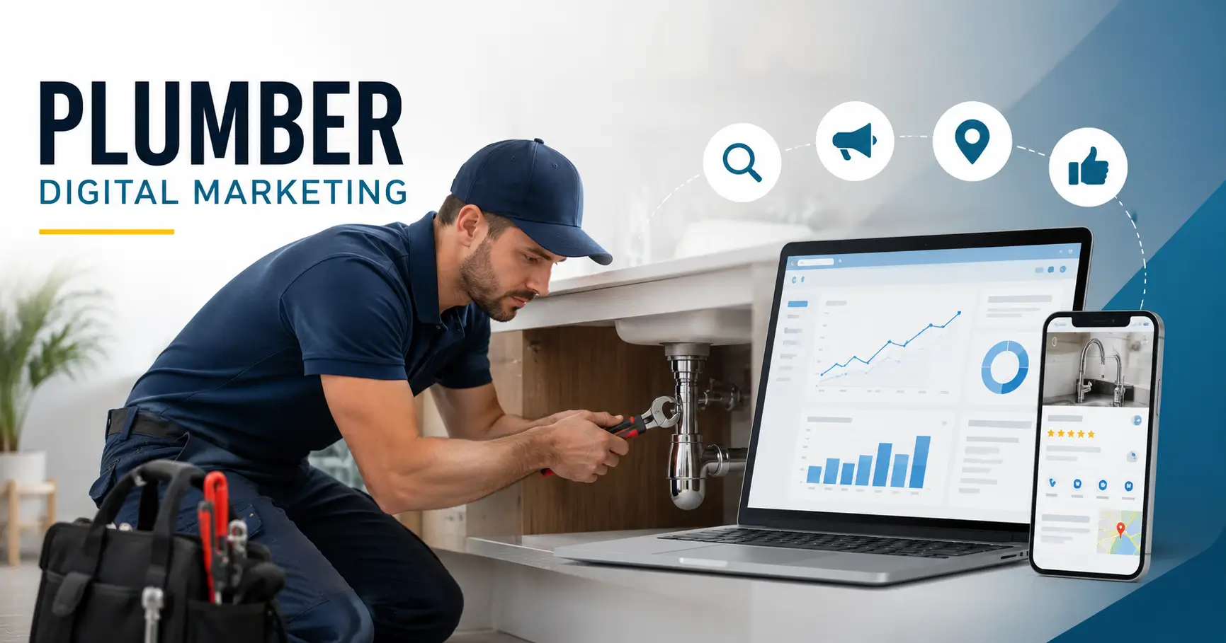 Plumber repairing pipes under a sink alongside digital marketing analytics and local search results.