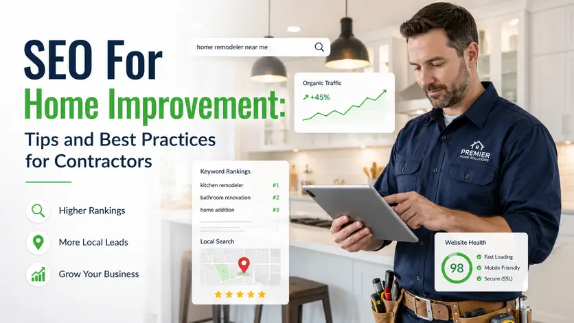 Home improvement contractor using a tablet with SEO charts for rankings, traffic, and local leads. seo for home improvement