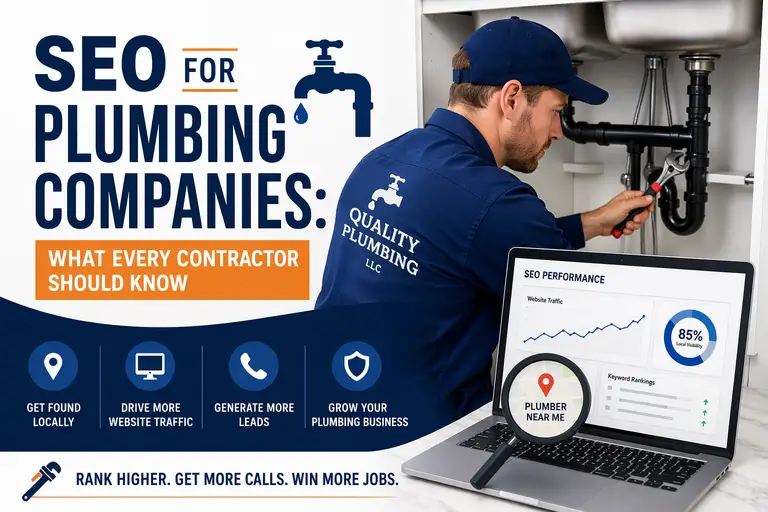 A plumber repairs pipes under a sink beside a laptop displaying SEO performance charts. seo for plumbing companies