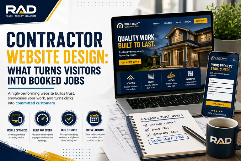 RAD SEO graphic featuring a contractor website on a laptop with a hard hat and a visual showing visitors converting into booked jobs.