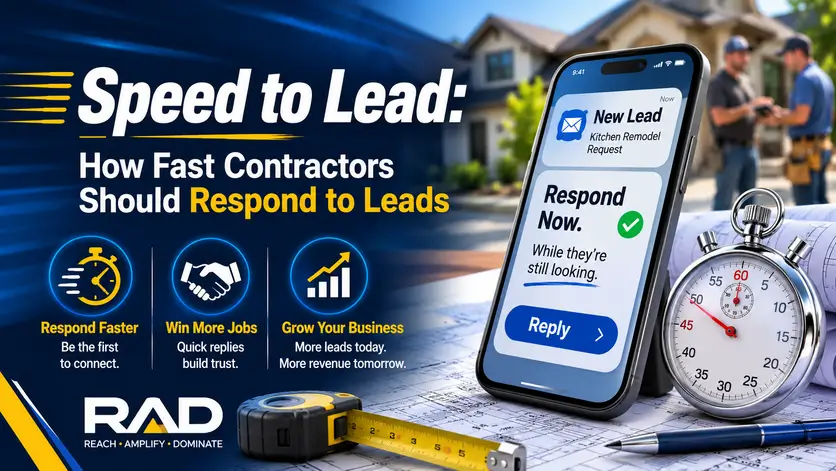 RAD SEO graphic for Speed to Lead showing a contractor lead notification, stopwatch, and the importance of responding quickly to win more leads and book more jobs.