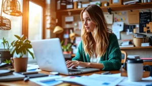 A focused woman working on her laptop in a well-organized home office, setting up a Google Business Profile. Get step-by-step guidance to set up your Google Business Profile today!