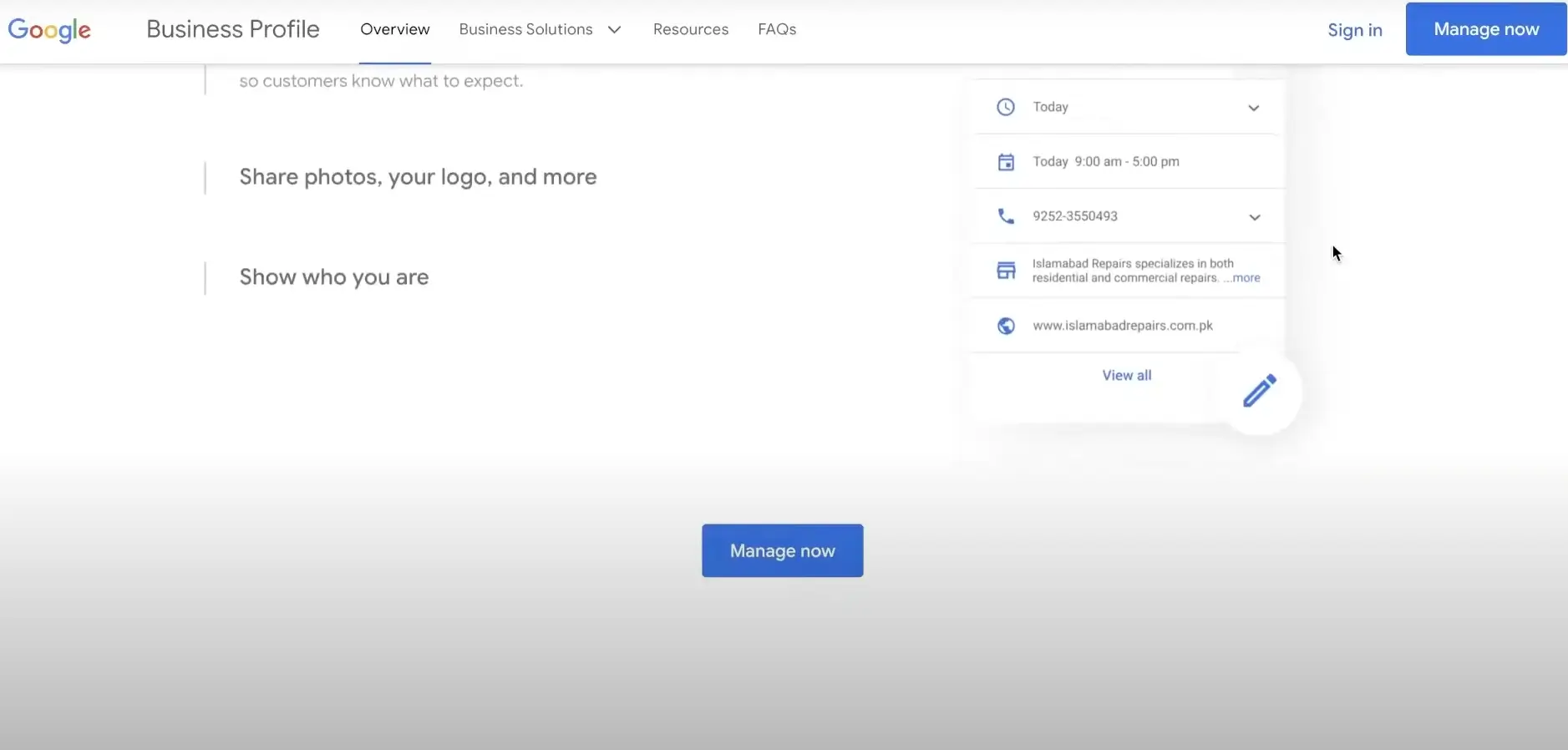 Google My Business dashboard with business information displayed, including hours of operation, phone number, and website link.