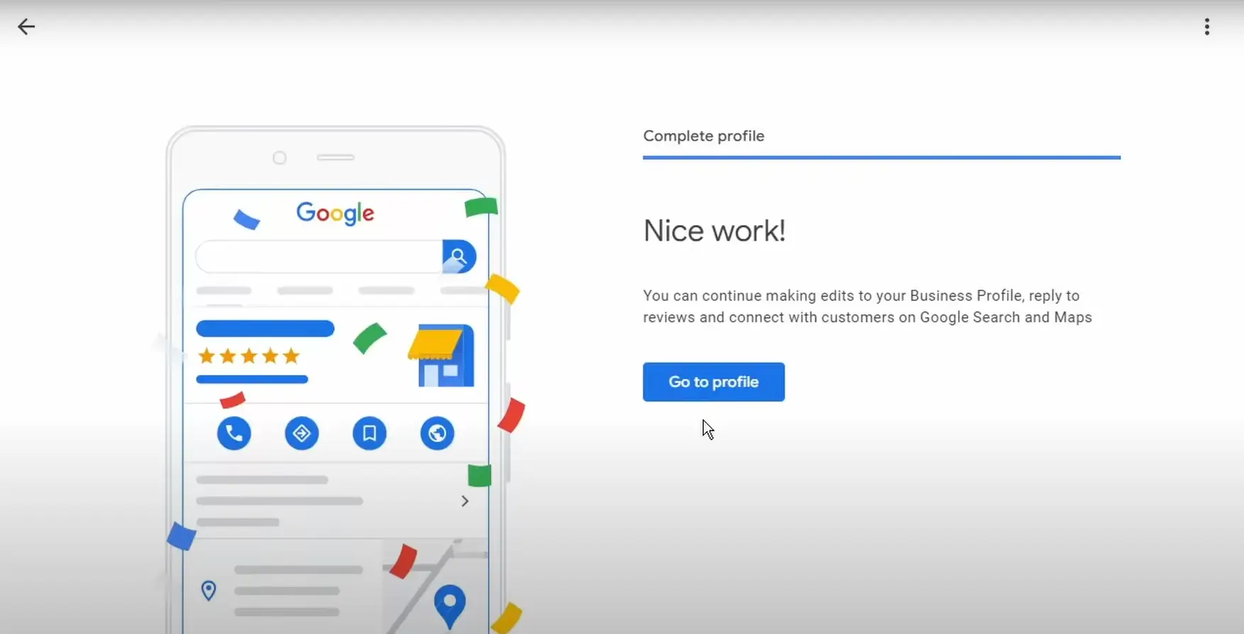 A Google My Business profile completion screen with a congratulatory message and colorful confetti, highlighting options to edit the business profile and connect with customers.