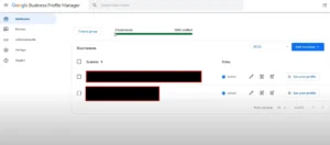 Screenshot of the Google Business Profile Manager interface showing two verified business profiles. The dashboard includes options to add businesses, view profiles, and manage multiple locations. Some business names are redacted.