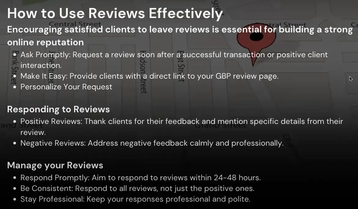 Guide on how to use Google Business Profile reviews effectively, featuring tips for requesting, responding to, and managing reviews to build a strong online reputation.