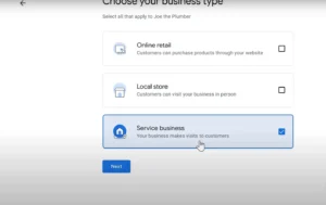 Google My Business setup screen showing options for business types, including Online Retail, Local Store, and Service Business with the last option selected.